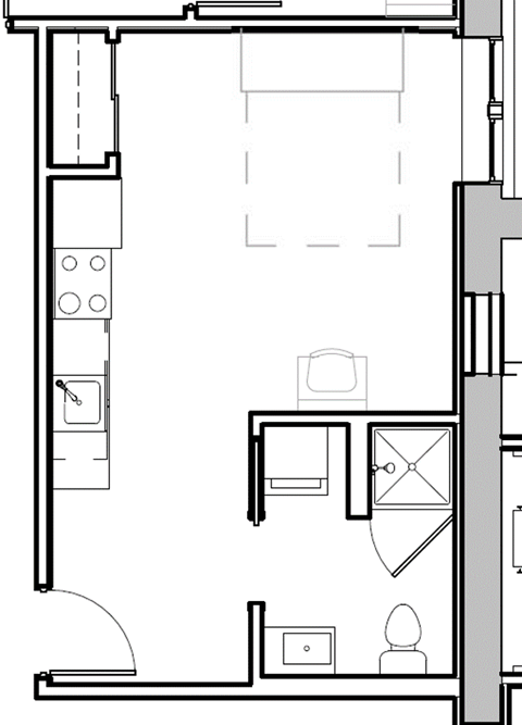 a floor plan of a small house with a kitchen and a living room